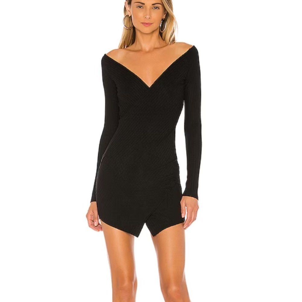 Superdown Thali Black Ribbed Long Sleeve V-Neck Faux Wrap Mini Dress Sz S